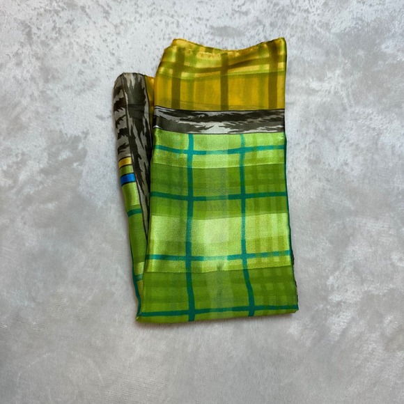 Symphony Vintage Square Scarf Green Yellow Plaid Zebra Print Satin Neckerchief - Picture 4 of 5